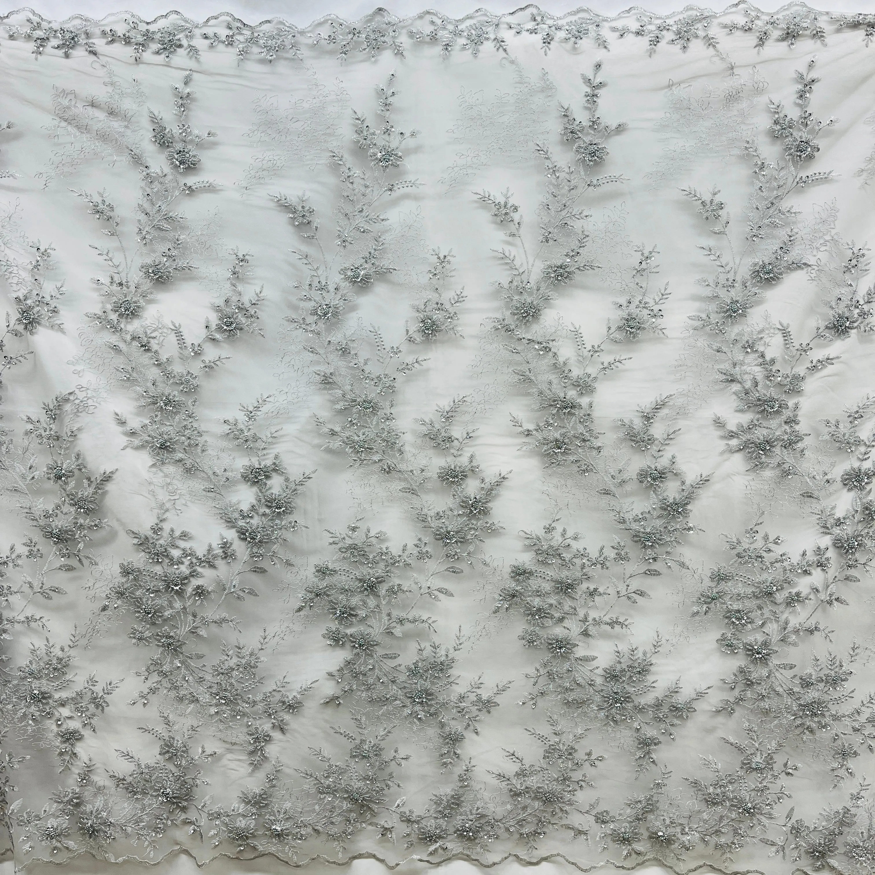 Beaded Floral Lace Fabric Embroidered on 100% Polyester Net Mesh | Lace USA - GD-18614