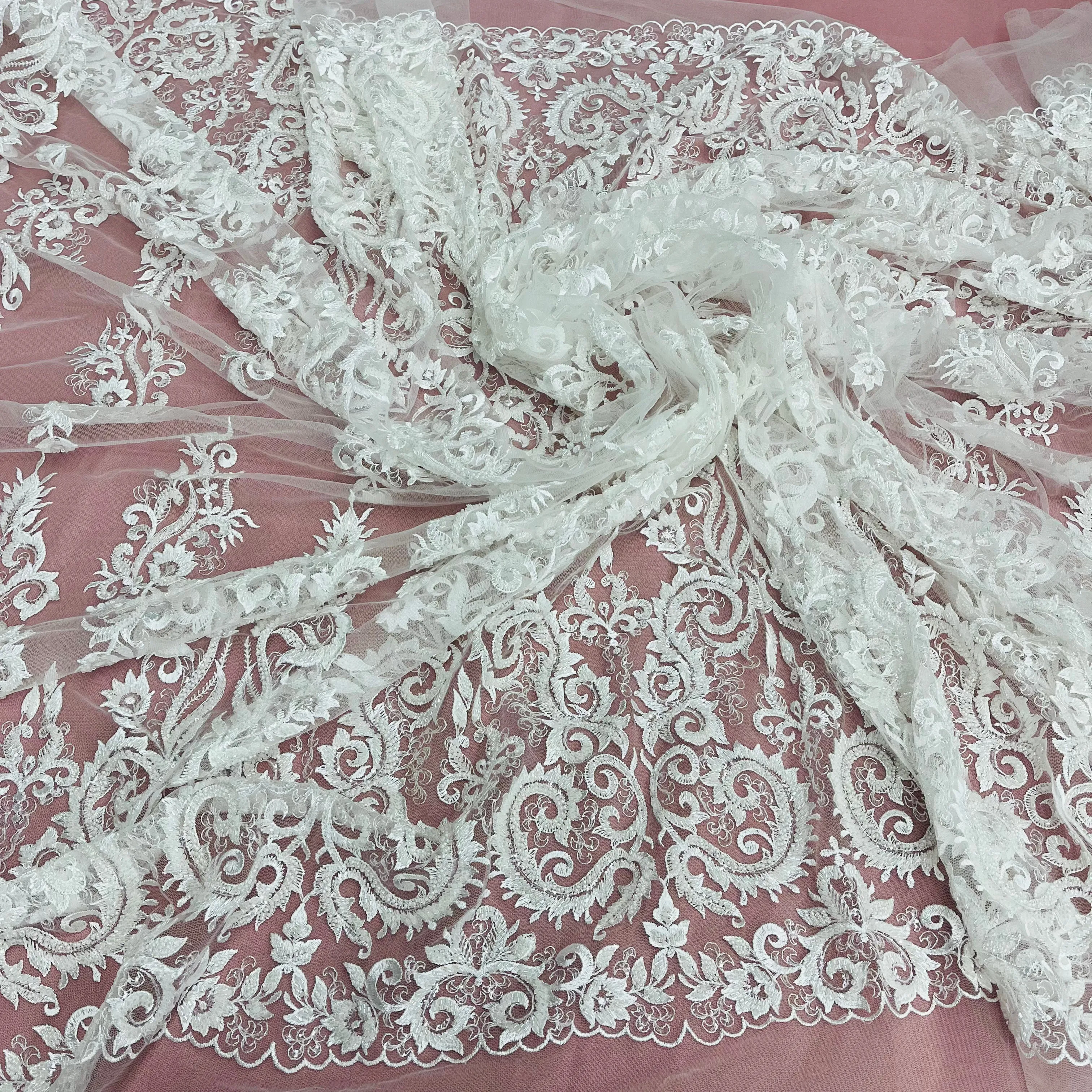 Beaded Lace Fabric Embroidered on 100% Polyester Net Mesh | Lace USA - GD-13315