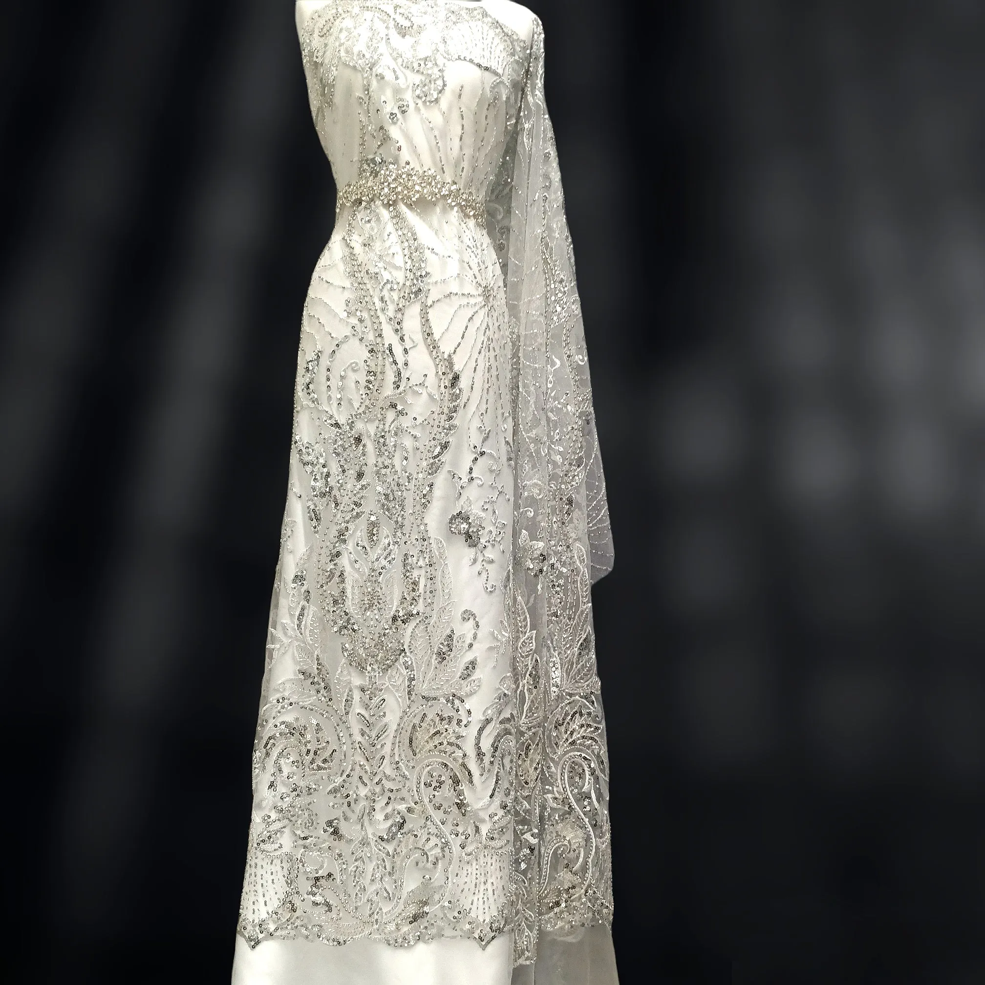 Beaded Lace Fabric Embroidered on 100% Polyester Net Mesh | Lace USA - GD-210902
