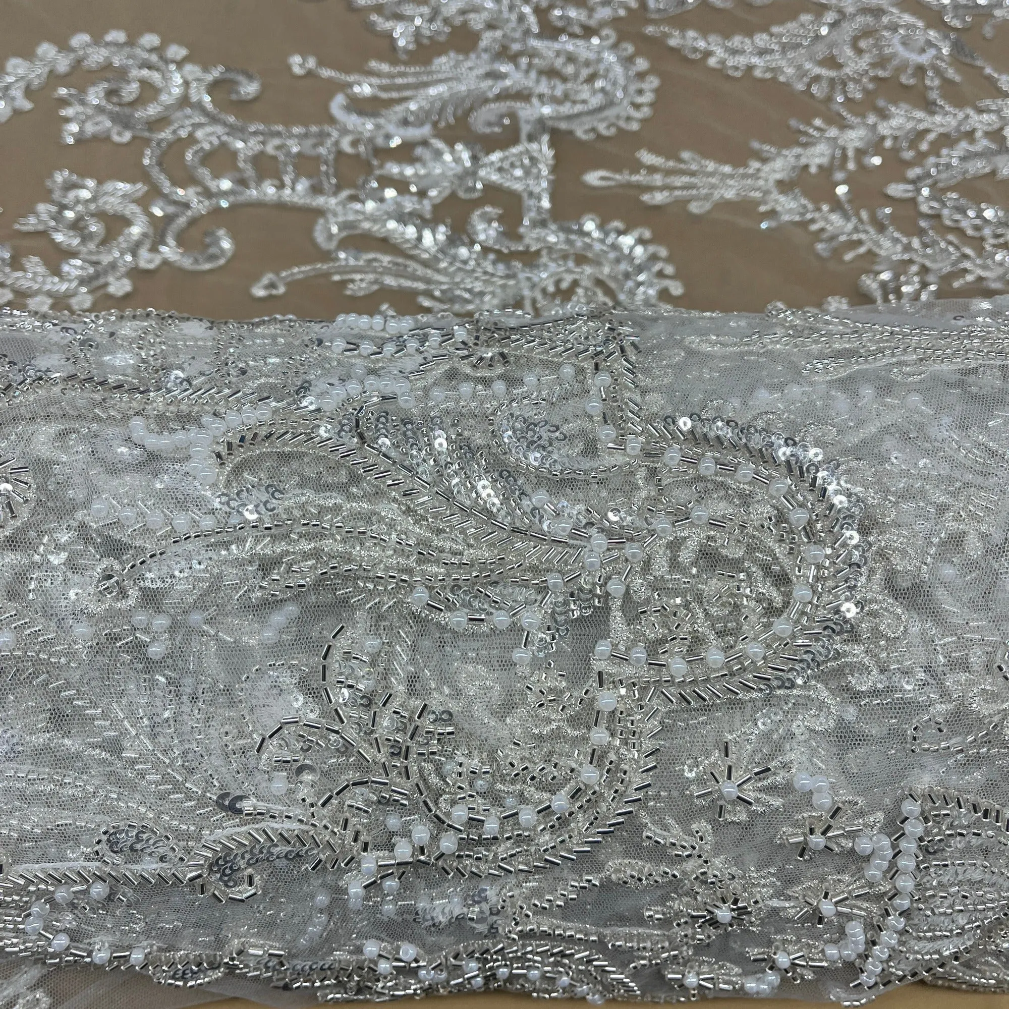 Beaded Lace Fabric Embroidered on 100% Polyester Net Mesh | Lace USA - GD-237189
