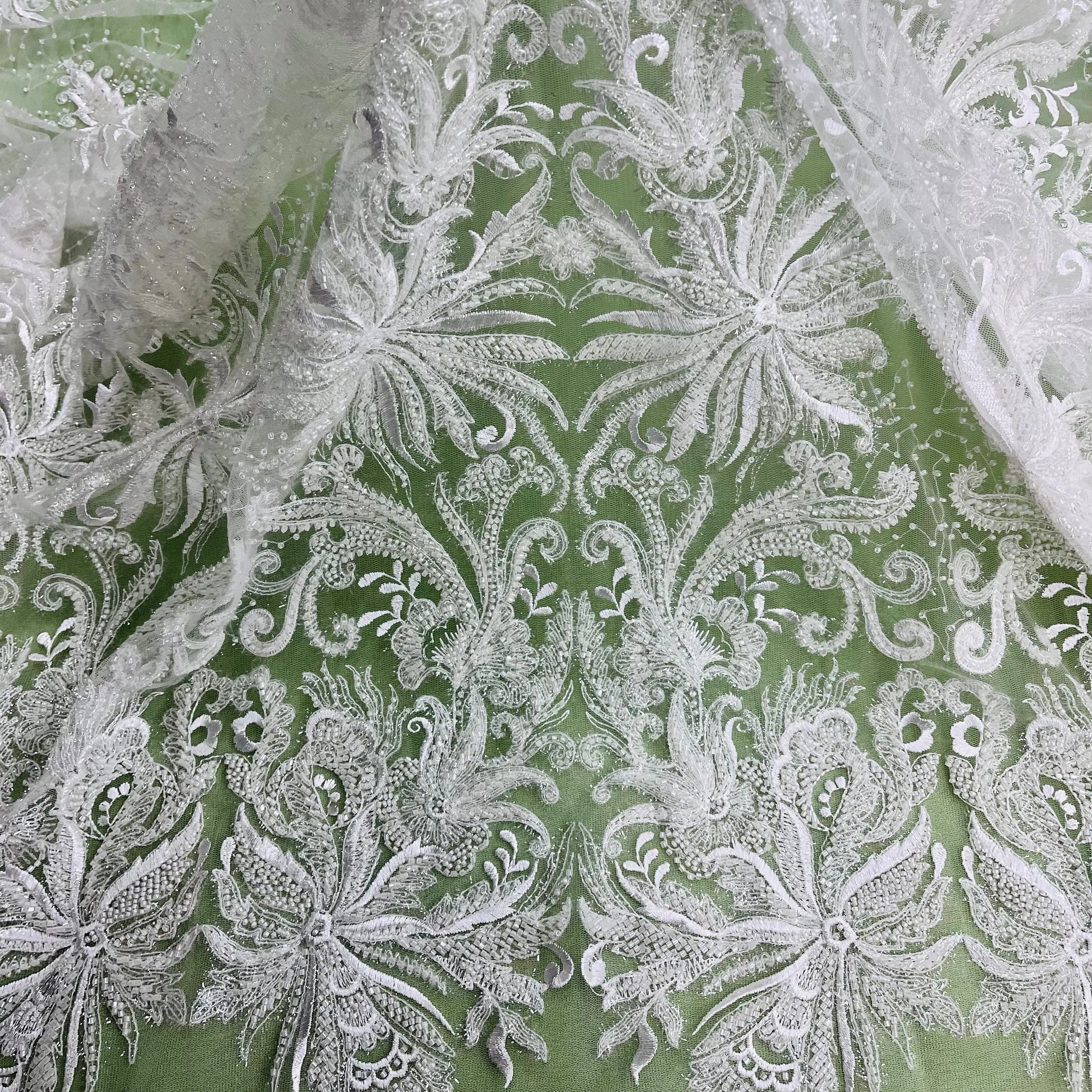 Beaded Lace Fabric Embroidered With Fuzzy Thread on 100% Polyester Net Mesh | Lace USA - GD-12264