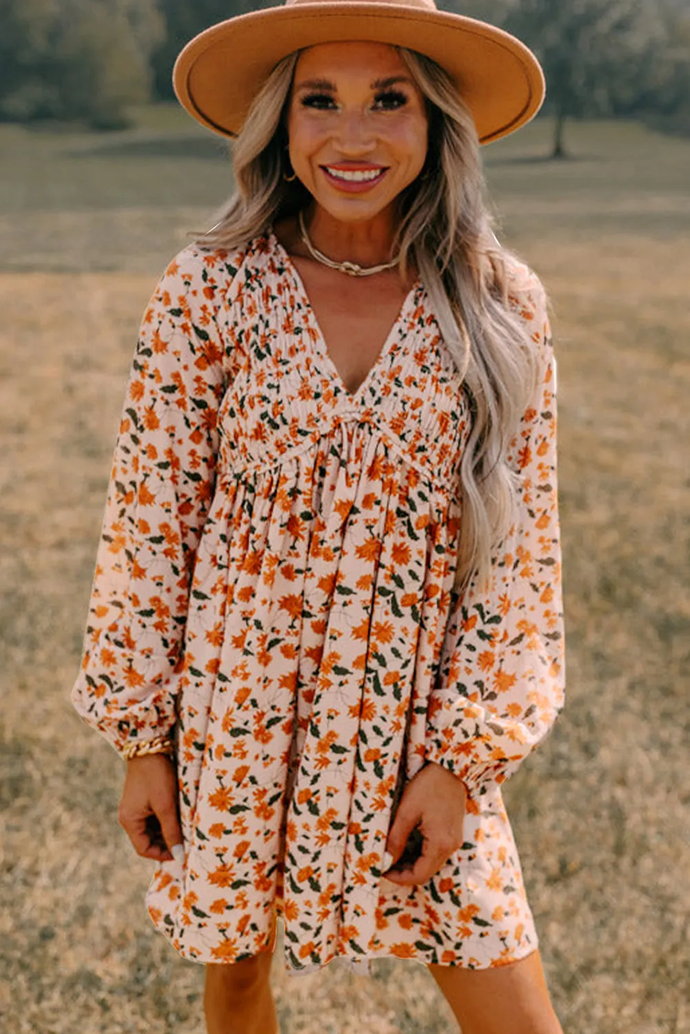 Beige Floral V Neck Smocked Bishop Sleeve Babydoll Dress