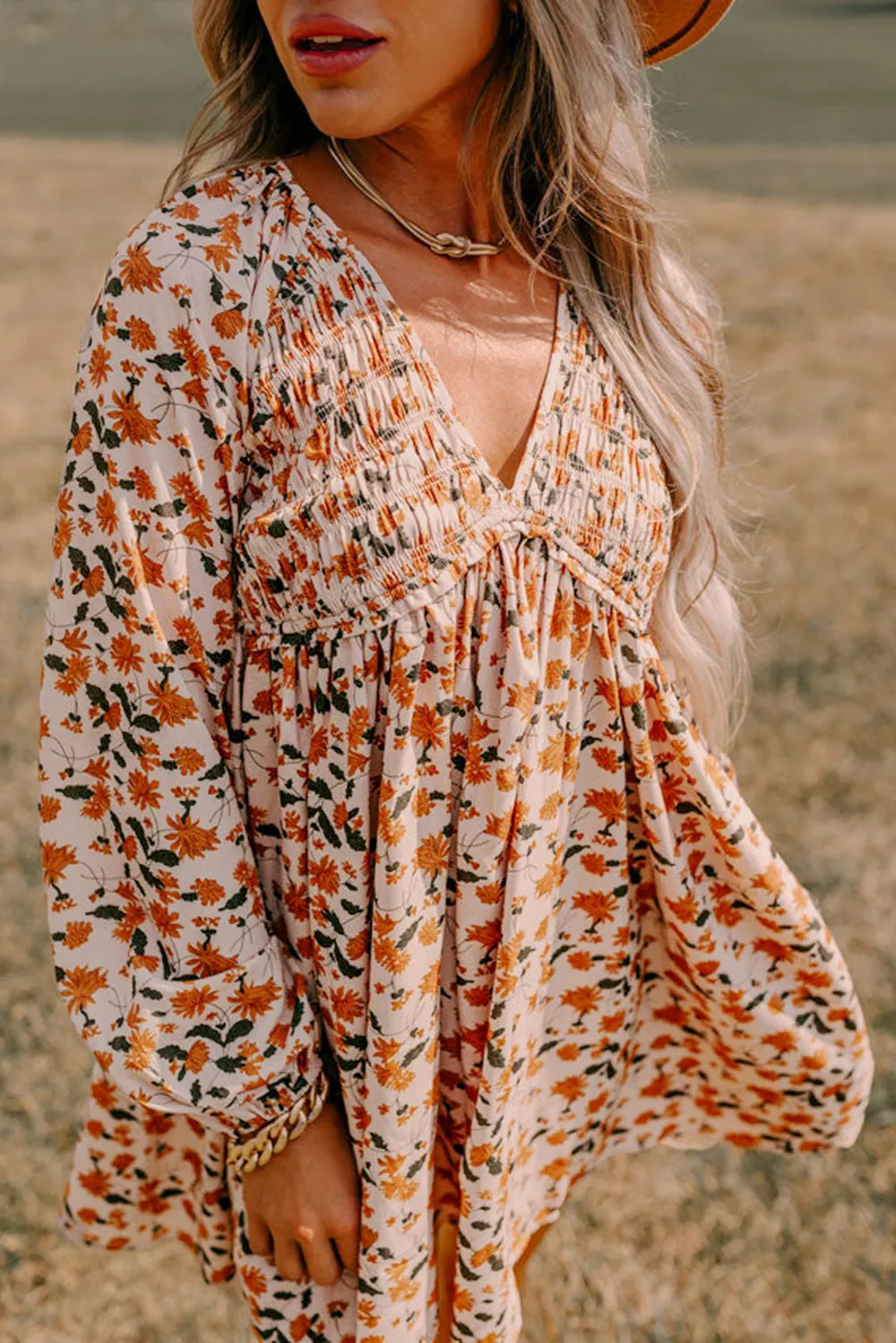 Beige Floral V Neck Smocked Bishop Sleeve Babydoll Dress