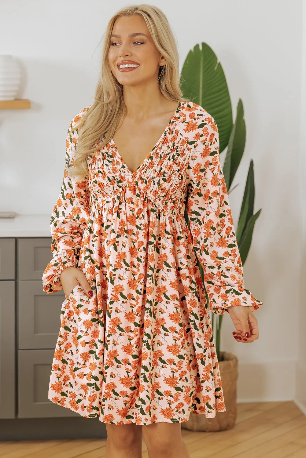Beige Floral V Neck Smocked Bishop Sleeve Babydoll Dress
