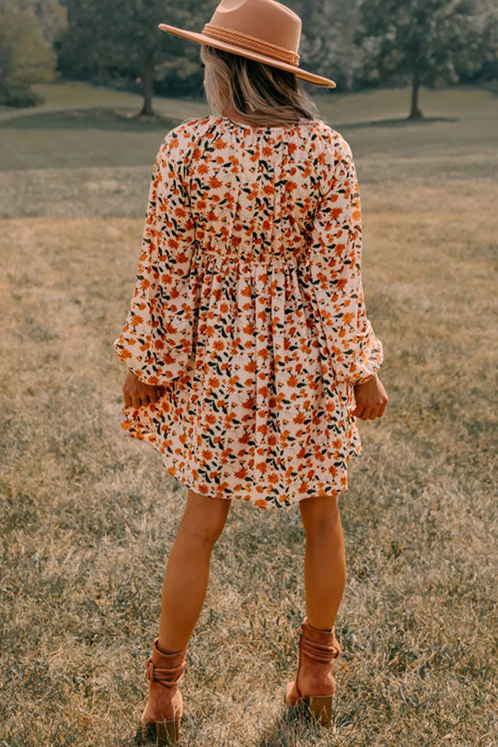 Beige Floral V Neck Smocked Bishop Sleeve Babydoll Dress