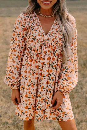 Beige Floral V Neck Smocked Bishop Sleeve Babydoll Dress
