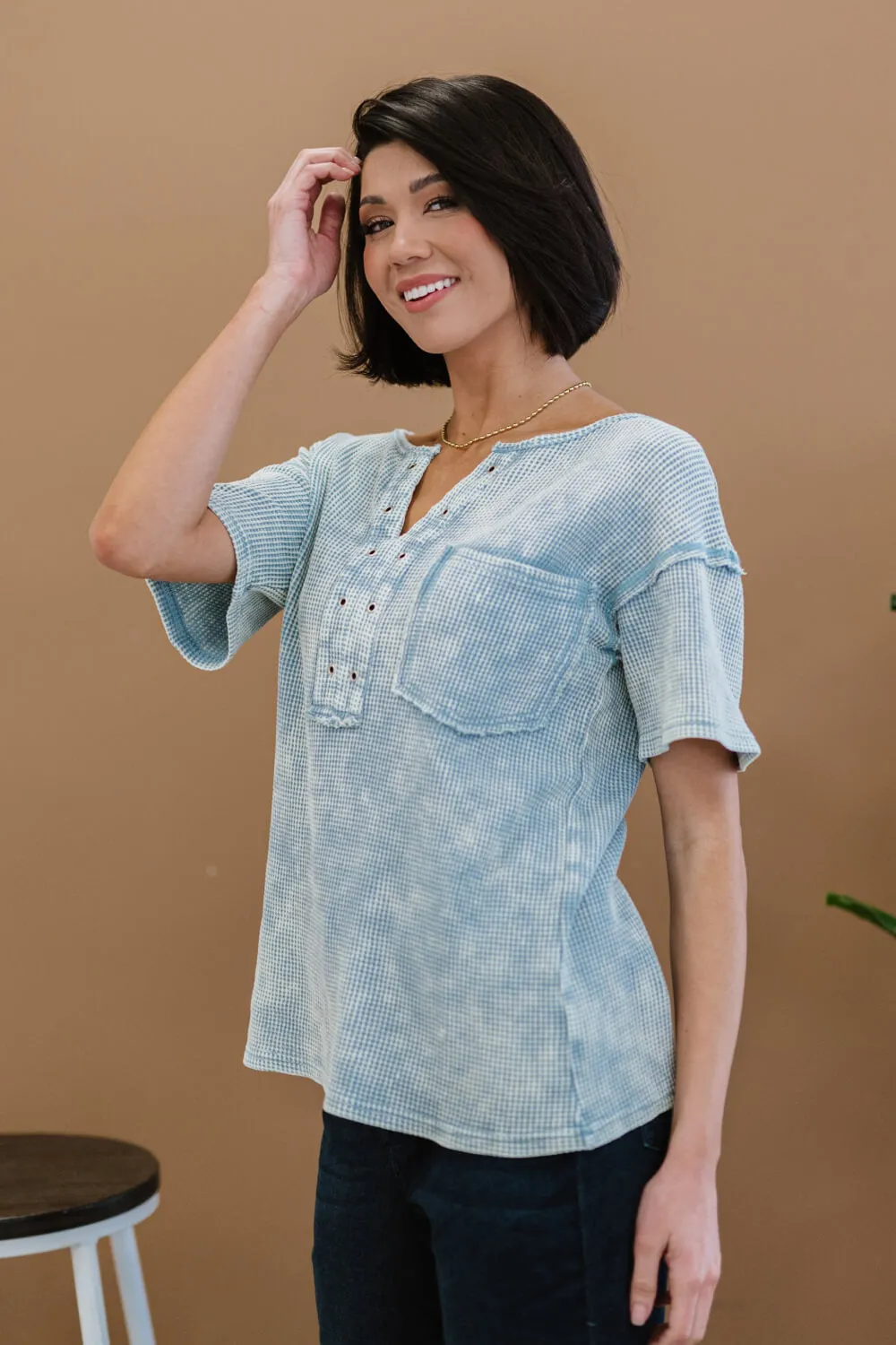 BiBi Something New Thermal Knit Top in Denim