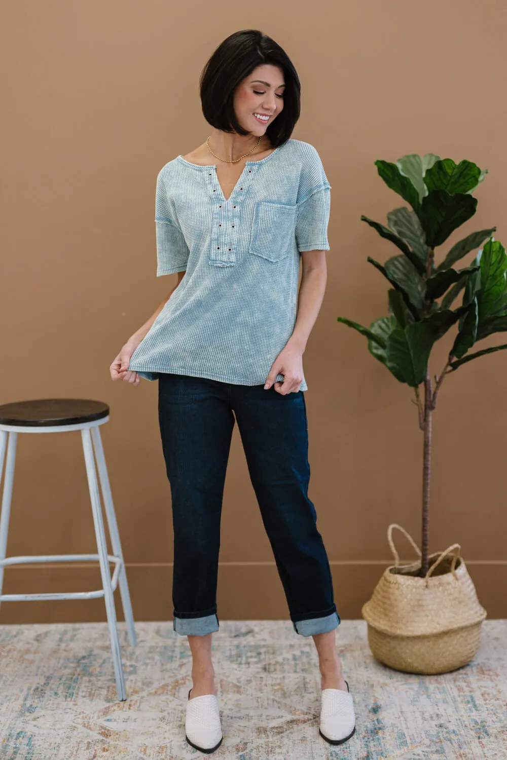 BiBi Something New Thermal Knit Top in Denim