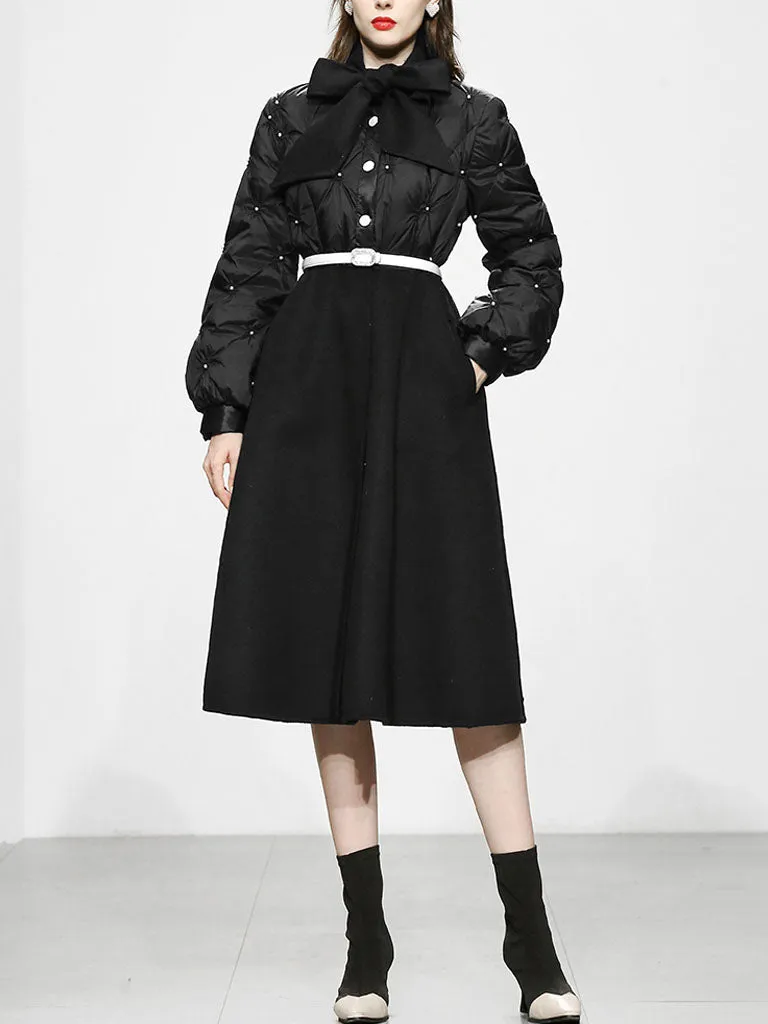 Black Big Bowknot  Diamond Lattice Pearl 1950S Coat