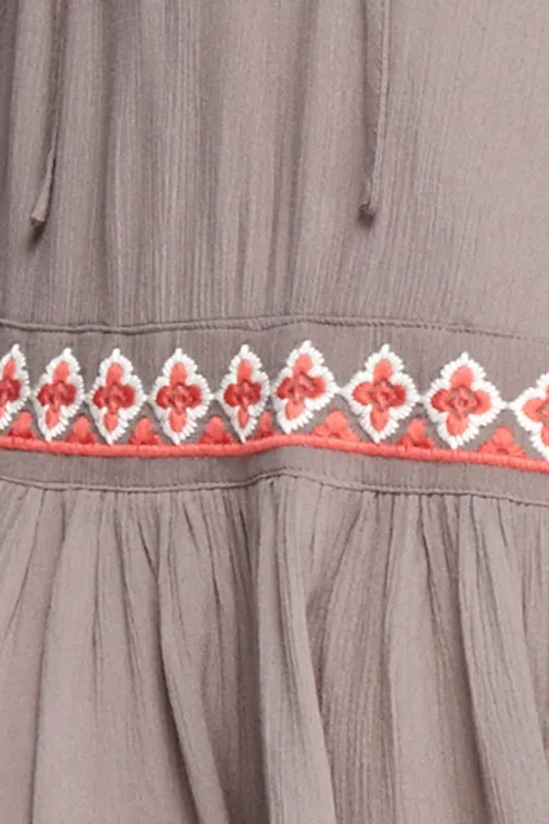 Brown Embroidered Dropped Waist Mini Dress