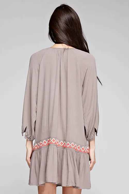Brown Embroidered Dropped Waist Mini Dress