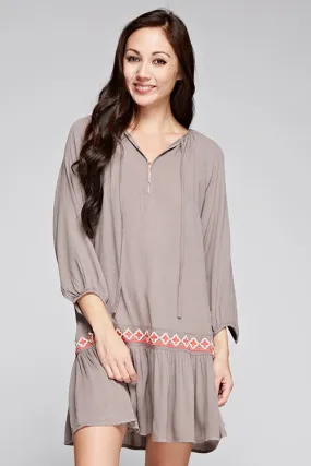 Brown Embroidered Dropped Waist Mini Dress
