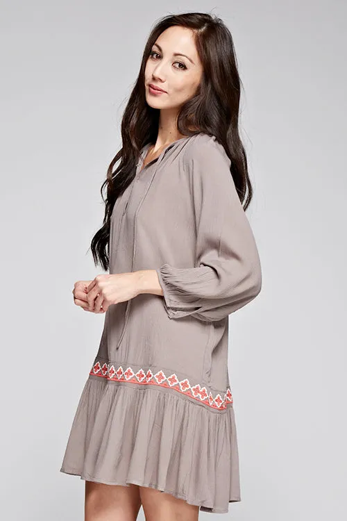 Brown Embroidered Dropped Waist Mini Dress