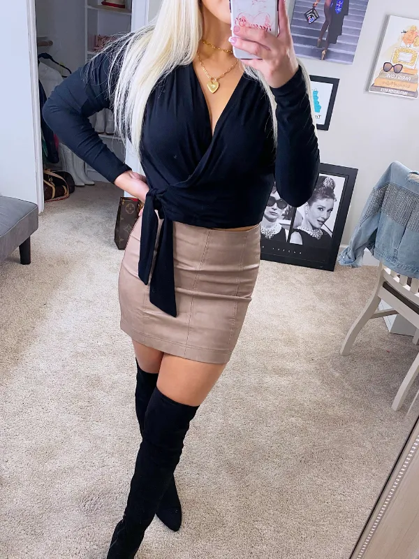 Caramel Sugar Faux Leather Skirt, Taupe