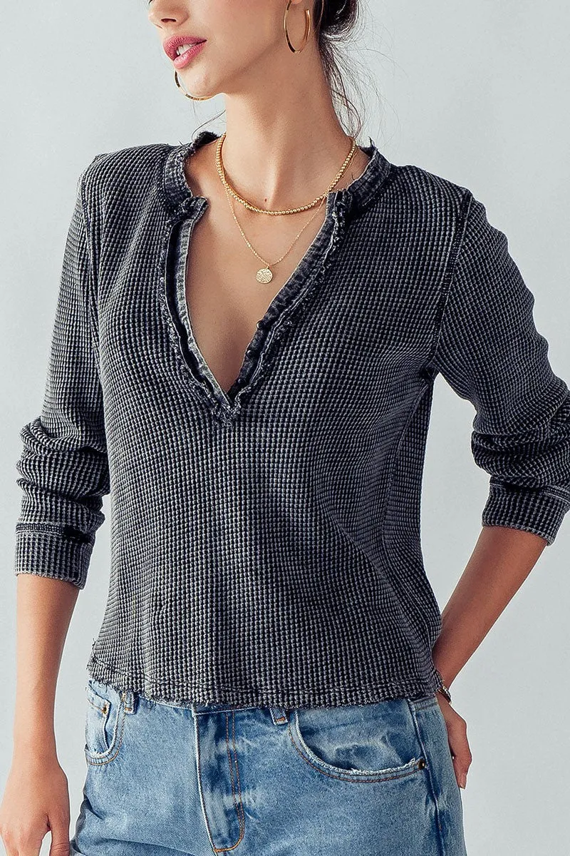 Charcoal Distressed French Terry Thermal Henley