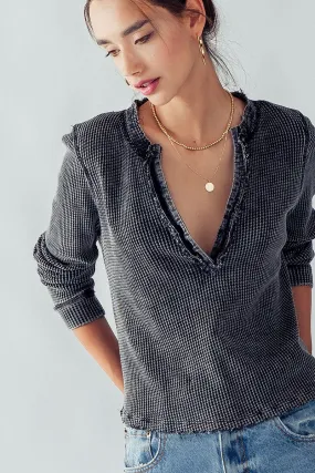 Charcoal Distressed French Terry Thermal Henley