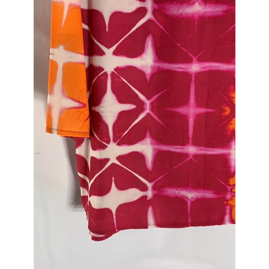 CHICO'S Women's Red/Orange Printed 3/4 Sleeve Henley Top SZ 1(US8/M)