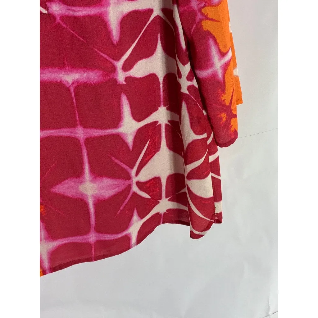 CHICO'S Women's Red/Orange Printed 3/4 Sleeve Henley Top SZ 1(US8/M)