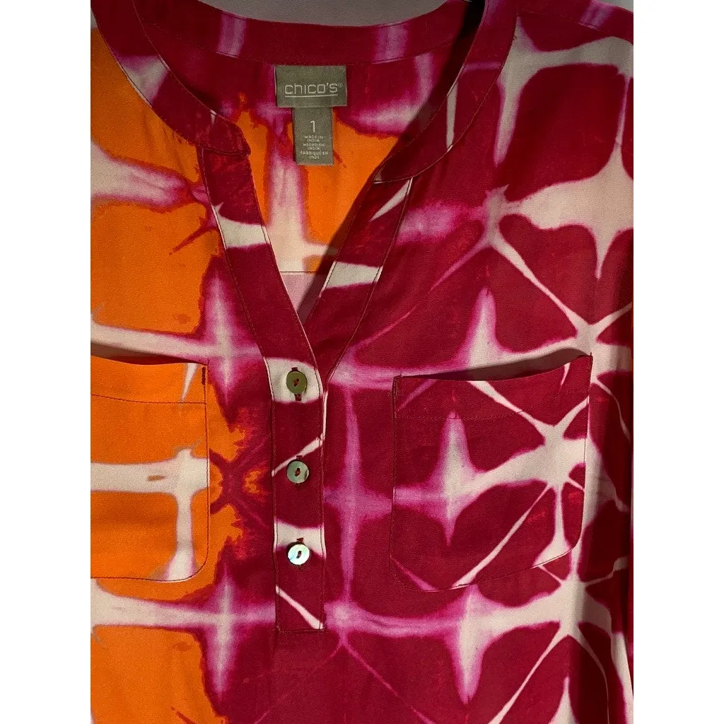 CHICO'S Women's Red/Orange Printed 3/4 Sleeve Henley Top SZ 1(US8/M)