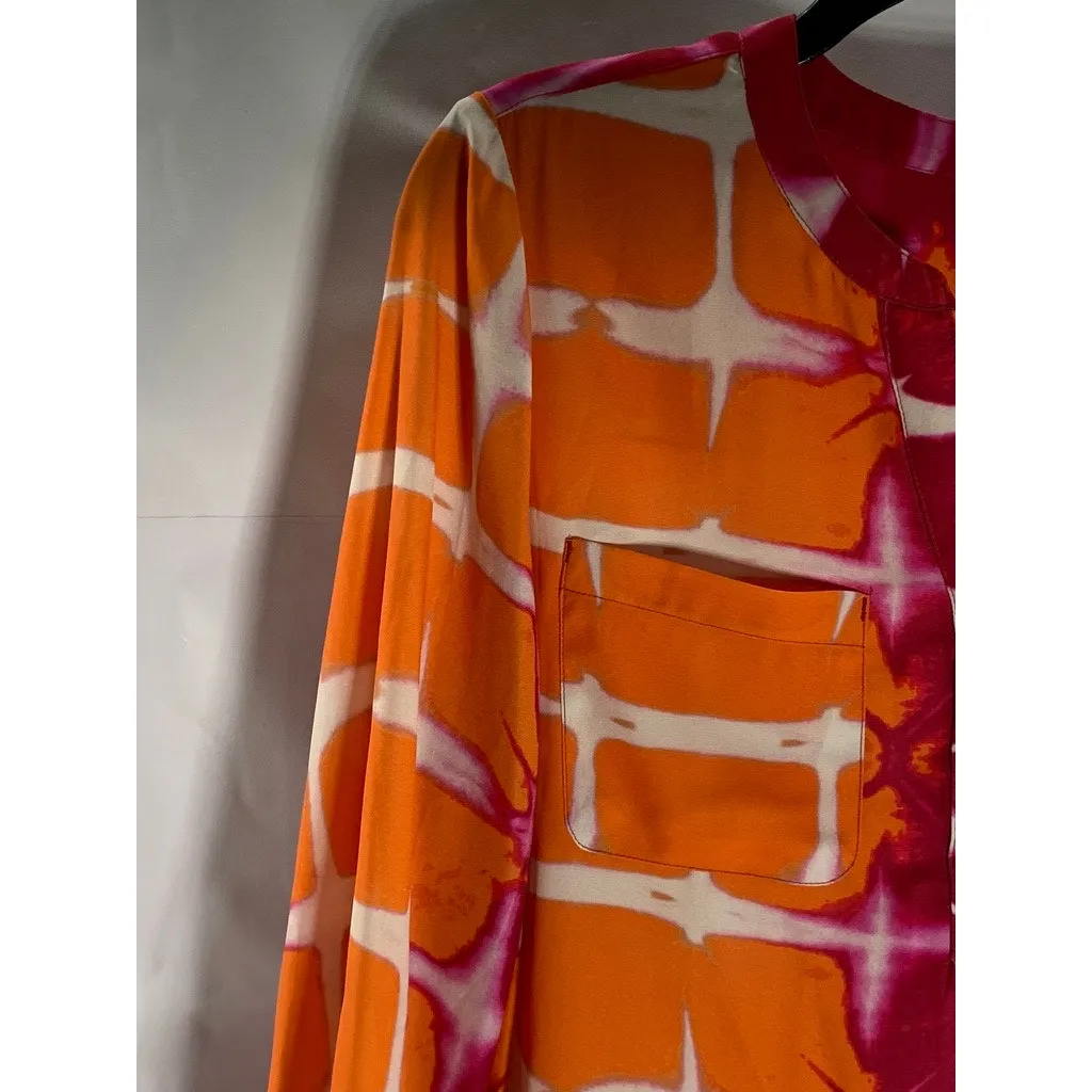 CHICO'S Women's Red/Orange Printed 3/4 Sleeve Henley Top SZ 1(US8/M)