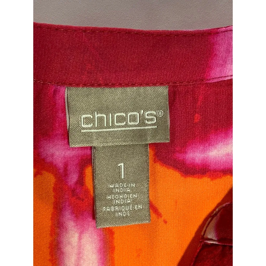 CHICO'S Women's Red/Orange Printed 3/4 Sleeve Henley Top SZ 1(US8/M)