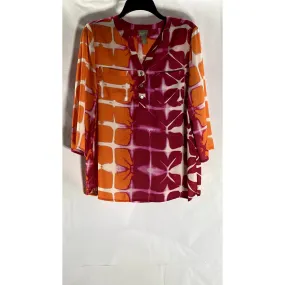 CHICO'S Women's Red/Orange Printed 3/4 Sleeve Henley Top SZ 1(US8/M)