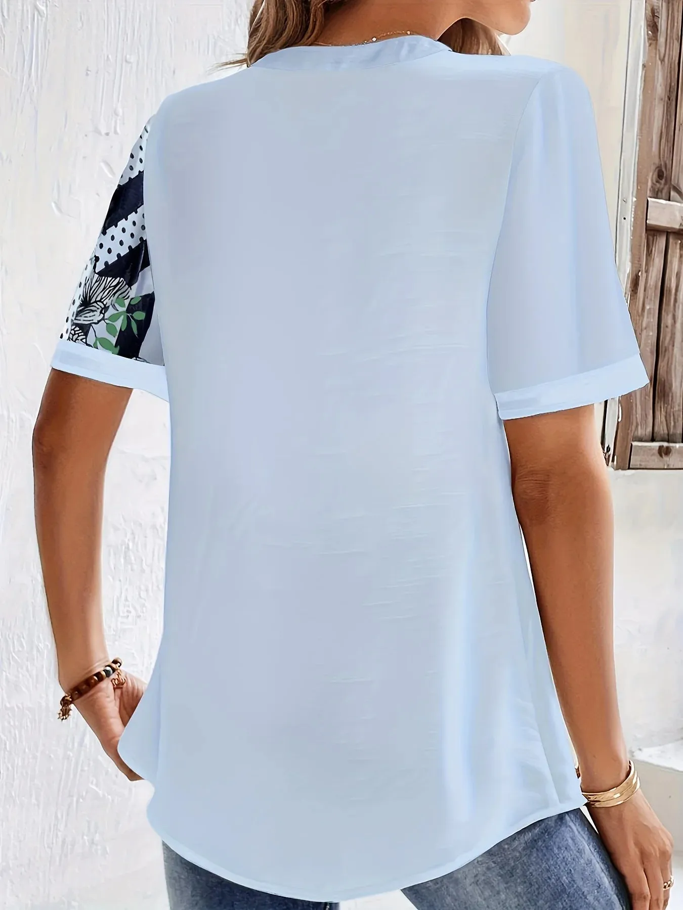 Color Block Floral & Stripe Print Short Sleeve Notched Henley Blouse