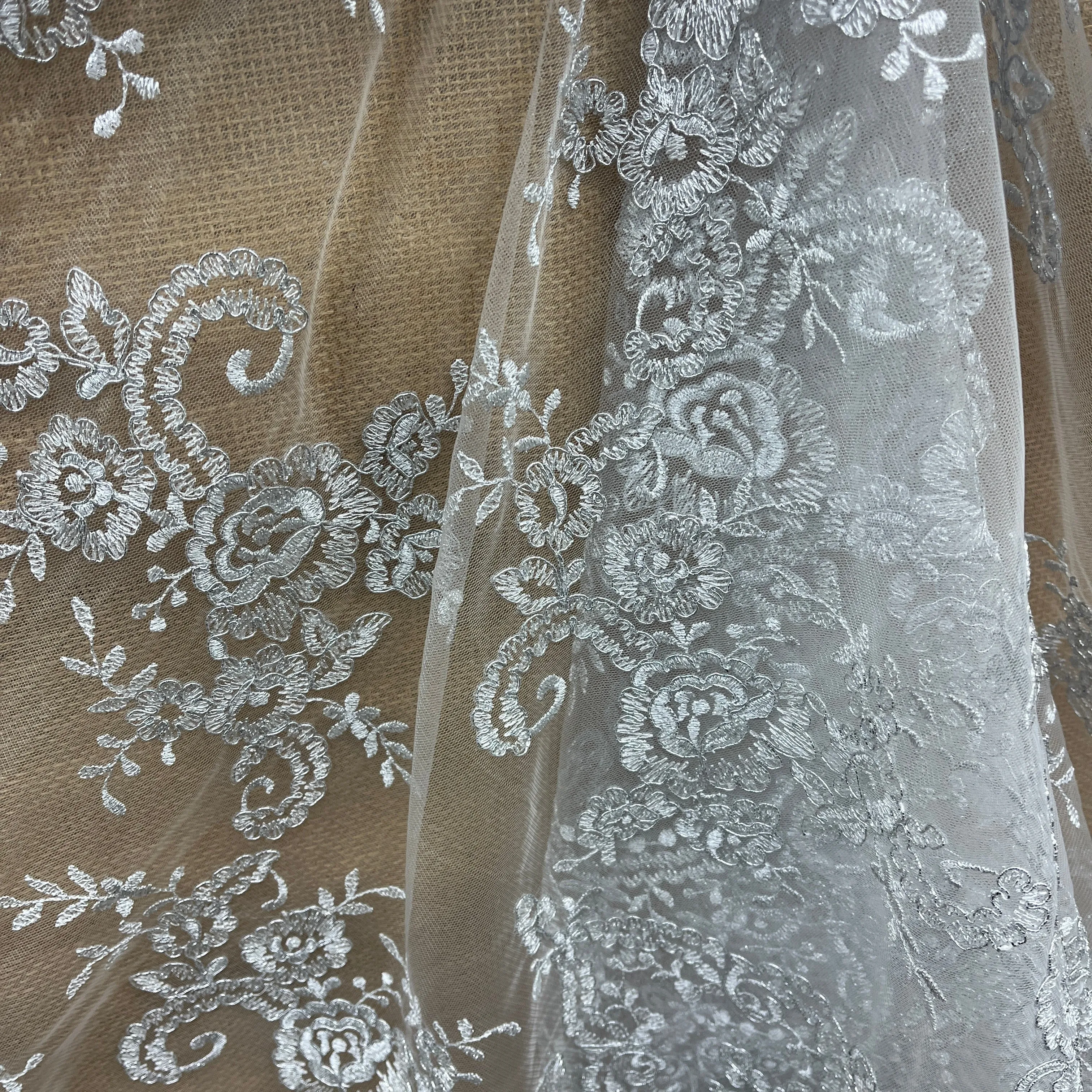 Corded Bridal Lace Fabric Embroidered on 100% Polyester Net Mesh | Lace USA -96806W
