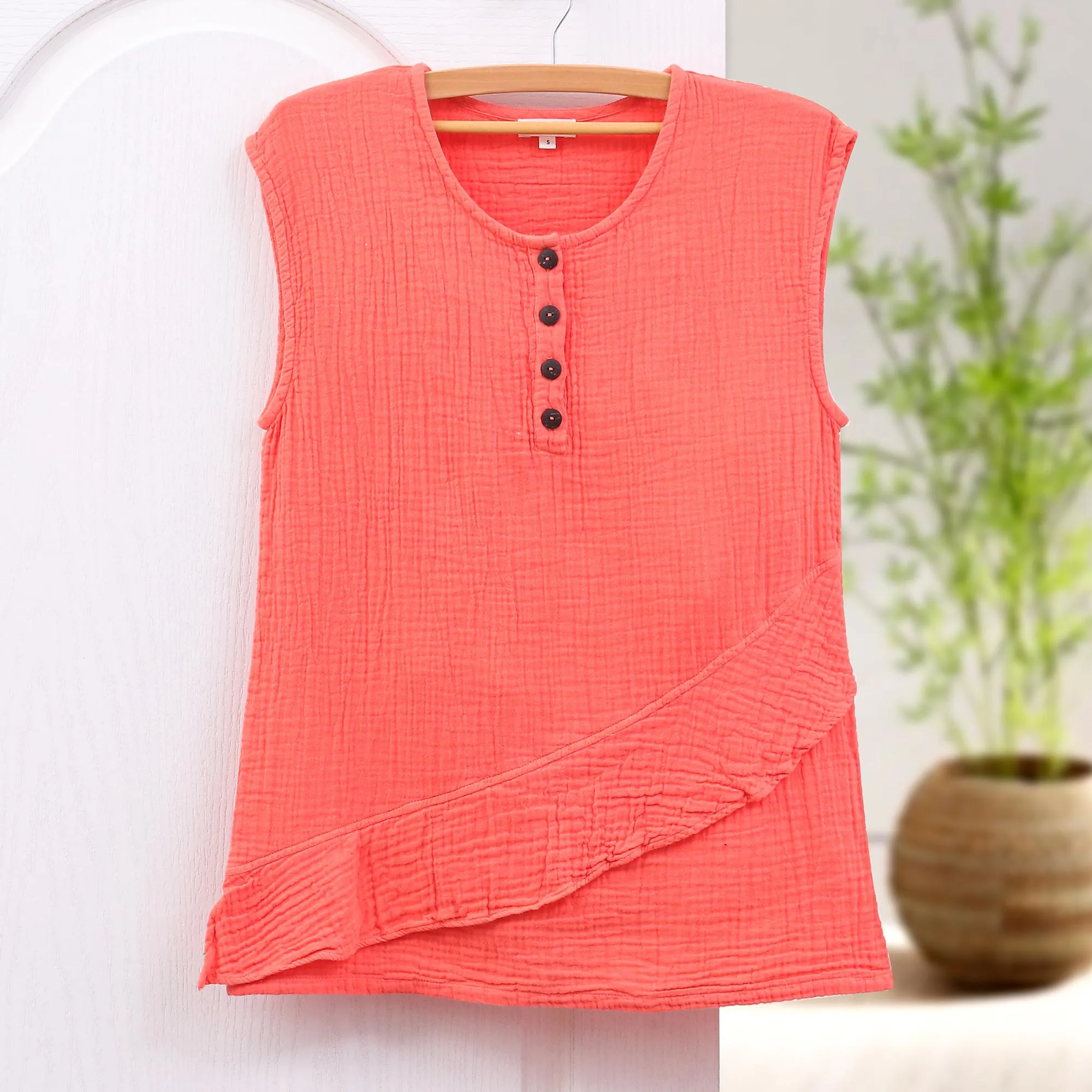 Cotton Sleeveless Blouse from Thailand - Fresh Air in Coral | NOVICA