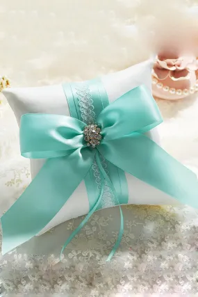 Delicate Ring Pillow In Satin With Ribbons And Rhinestone