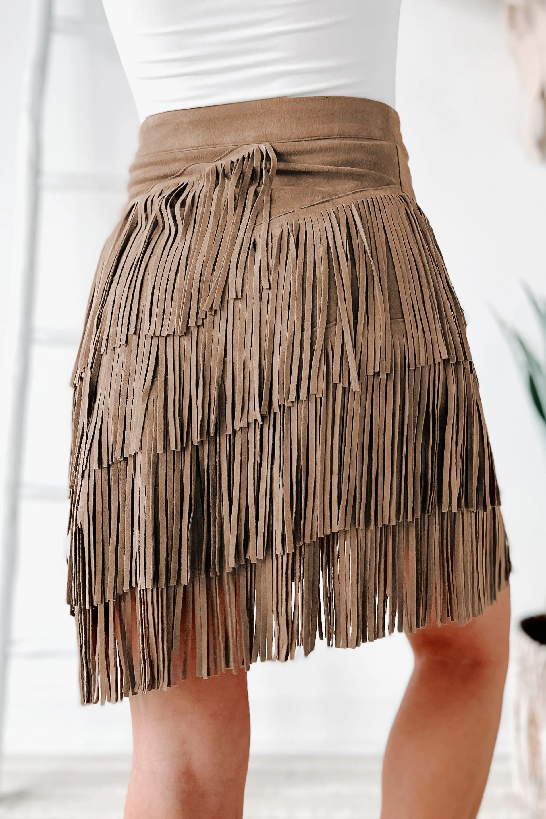 Dixie Delight Faux Suede Fringe Skirt (Taupe)