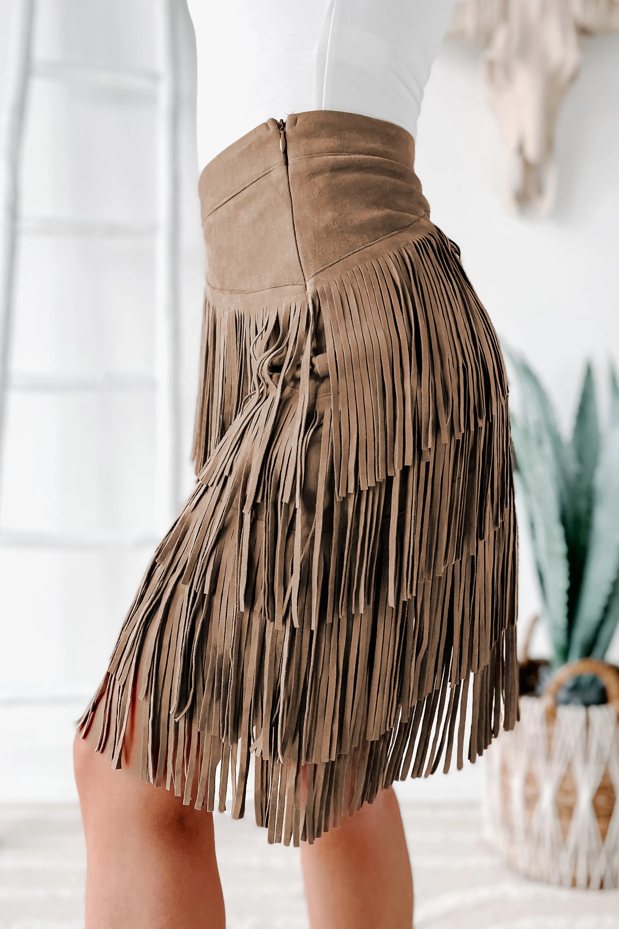 Dixie Delight Faux Suede Fringe Skirt (Taupe)