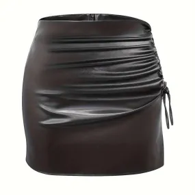 Drawstring Strap Faux Leather Mini Skirt