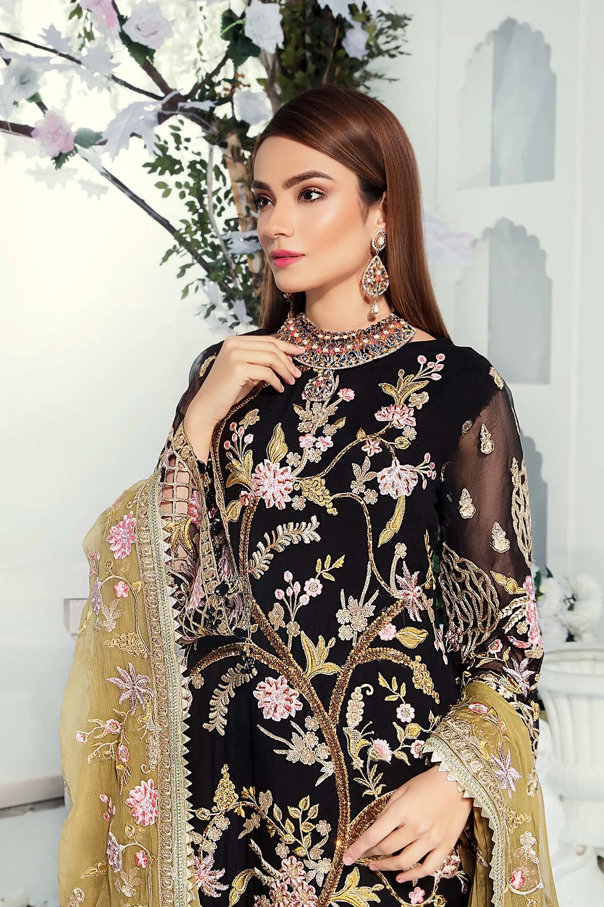 Elegant Embroidered Chiffon Dress in Black Color #J6111