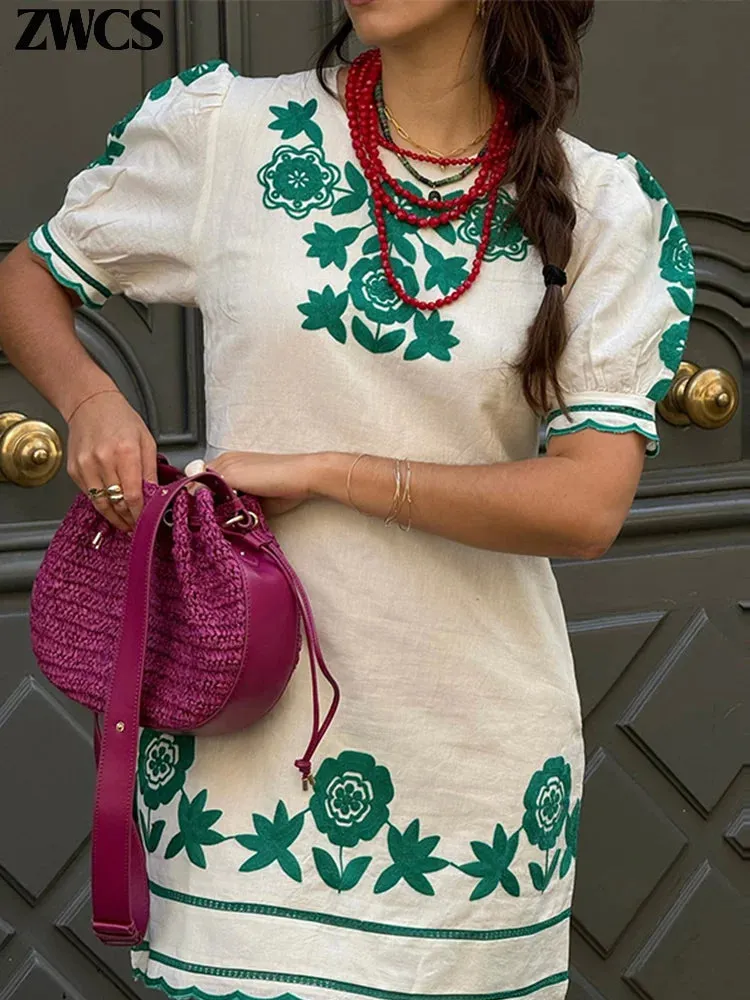 Elegant Flower Embroidery Wave Edge Dress Women Short Puff Sleeve O-neck Contrast Mini Dresses 2024 Summer Female Chic Vestidos