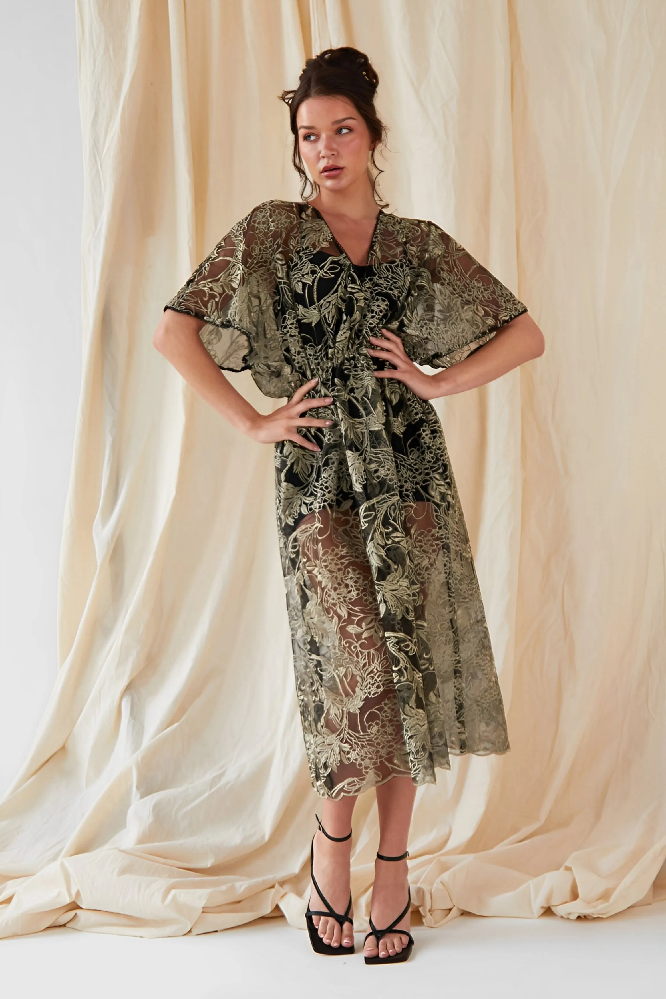 Embroidered Flutter Sleeve Dress