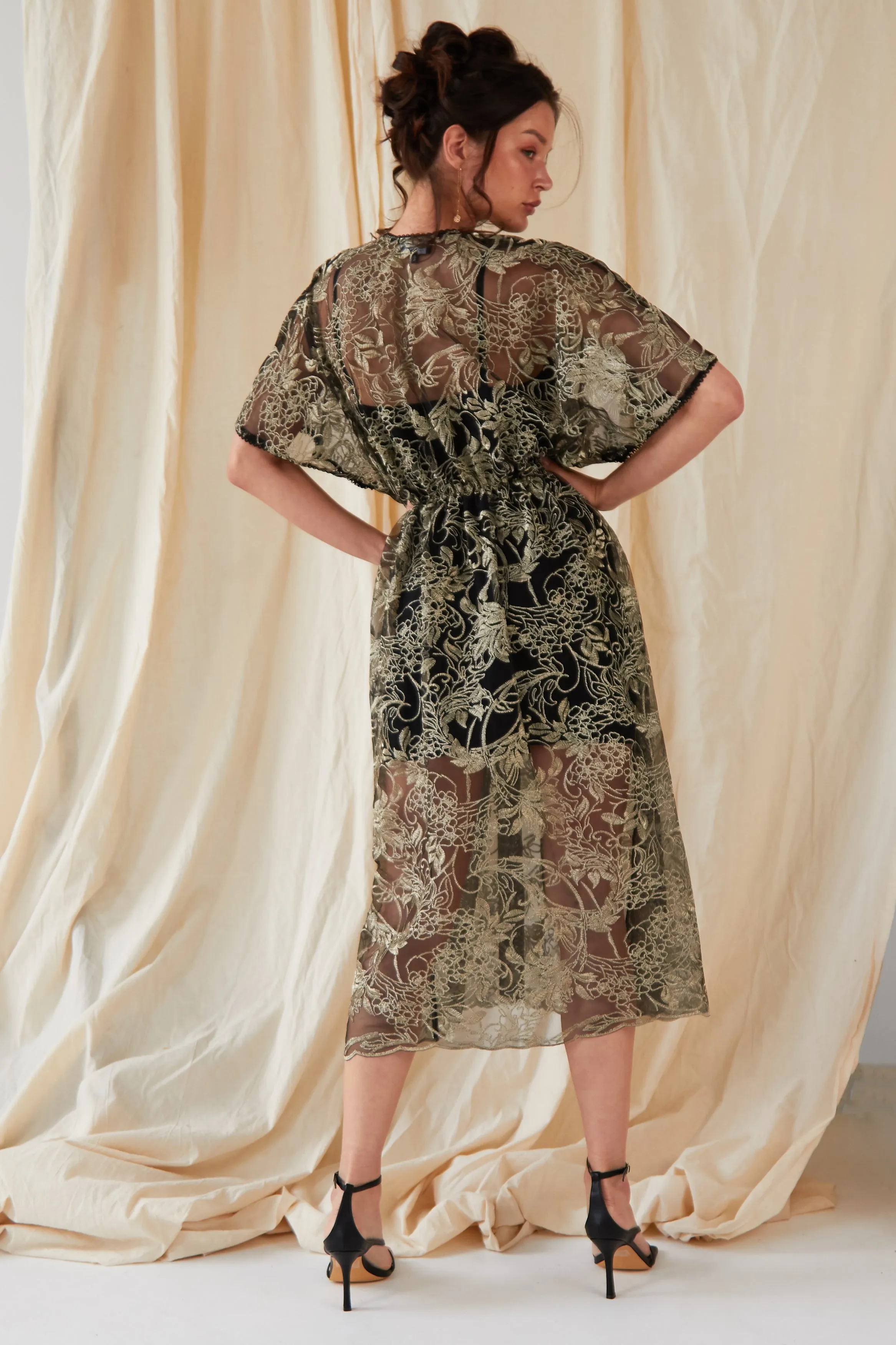 Embroidered Flutter Sleeve Dress