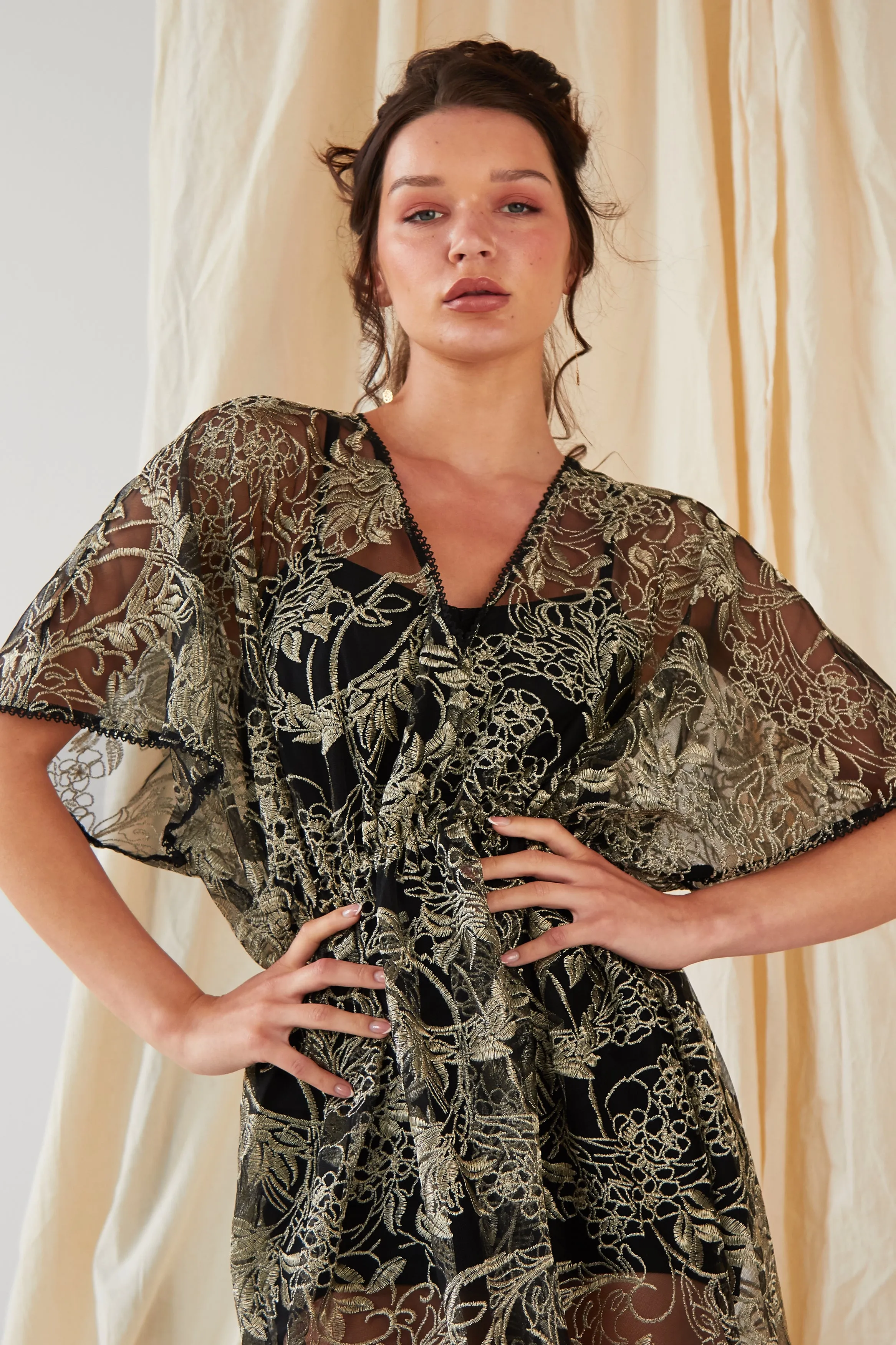 Embroidered Flutter Sleeve Dress