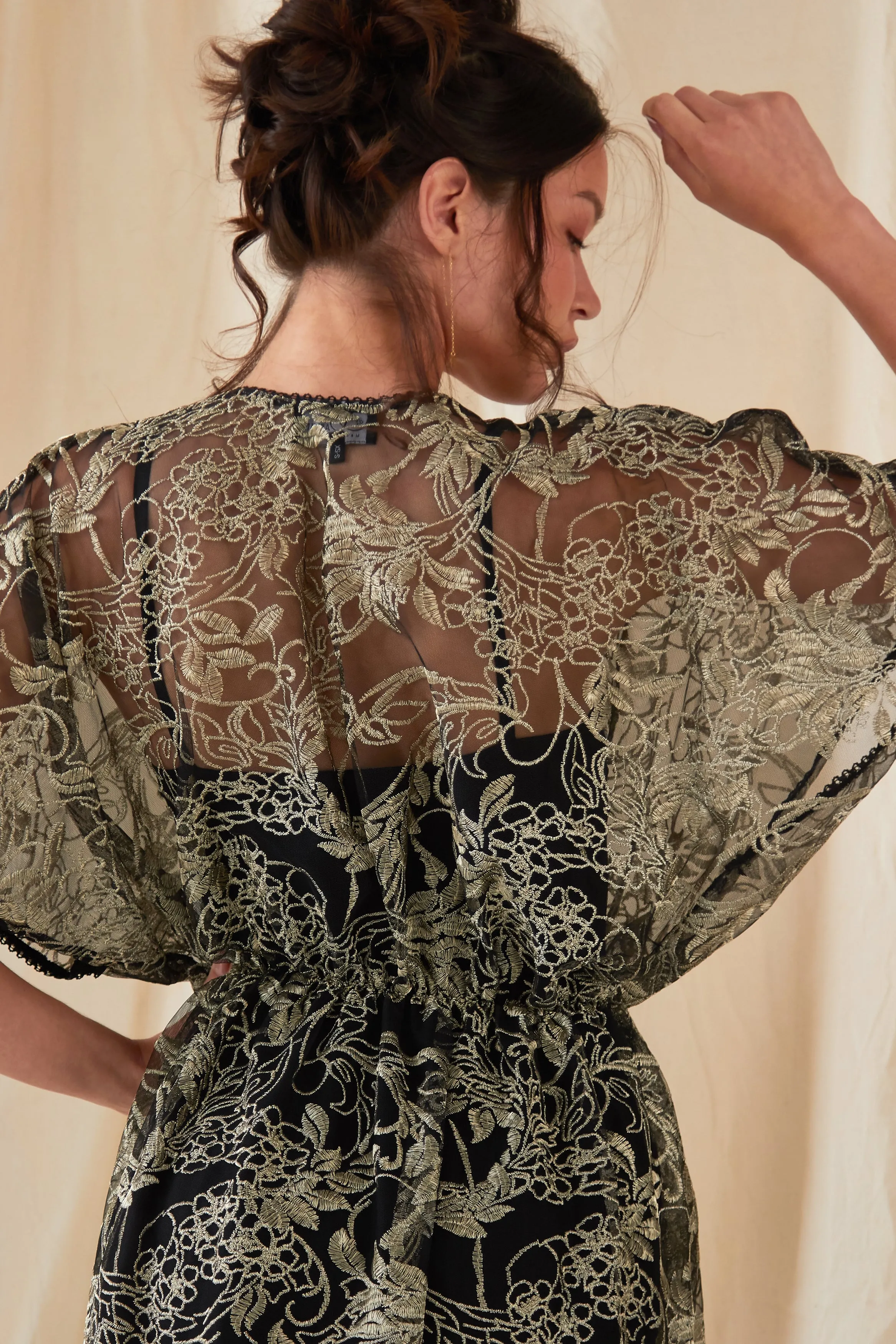 Embroidered Flutter Sleeve Dress
