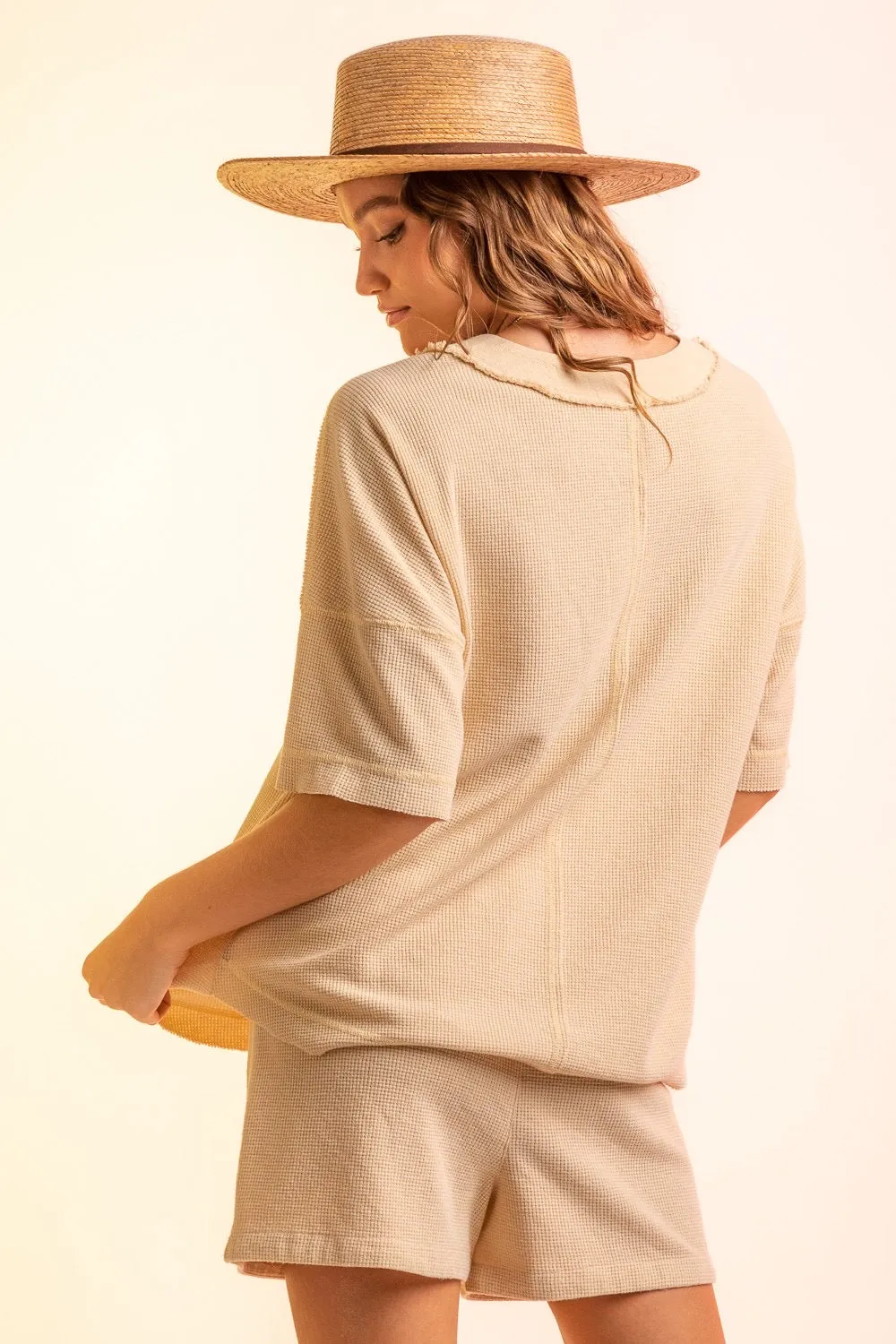 EVIE- Natural Woven Contrast washed V neck Henley top