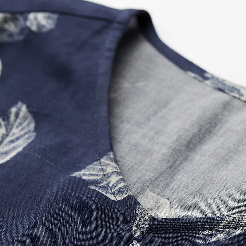 Floral 100% Linen Women Dresses 3/4 Sleeves O Neck Spring Summer Women Dresses XH9673