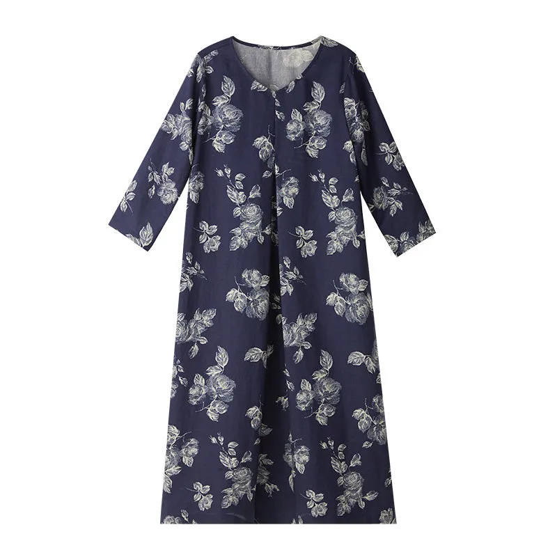 Floral 100% Linen Women Dresses 3/4 Sleeves O Neck Spring Summer Women Dresses XH9673