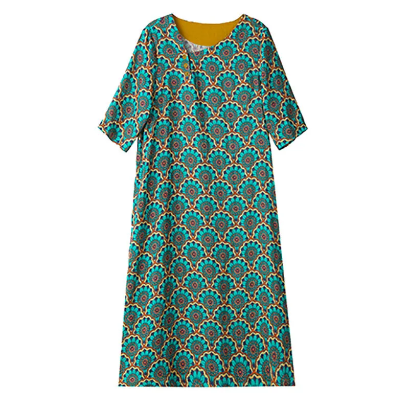 Floral 100% Linen Women Dresses 3/4 Sleeves Spring Summer Women Dresses XH9648