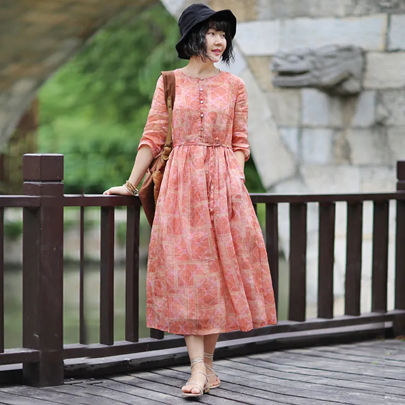 Floral 100% Linen Women dresses Spring Summer Women DressesWC961806