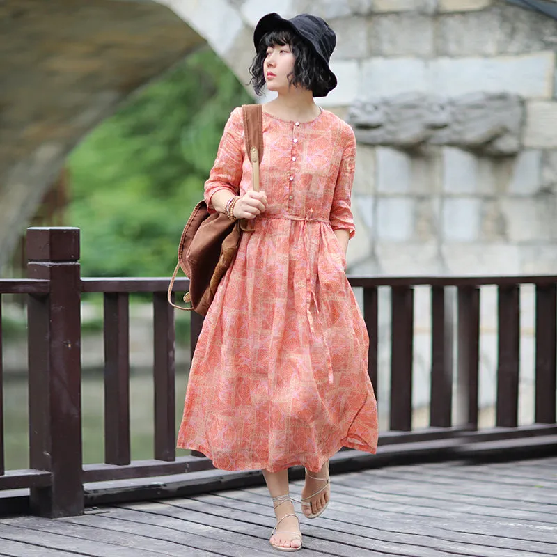 Floral 100% Linen Women dresses Spring Summer Women DressesWC961806
