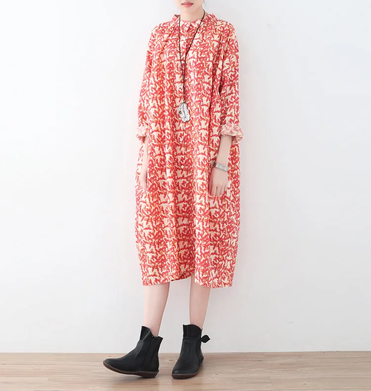 Floral Casual Linen Cotton Women Loose Fitting Short Sleeves Dresses Summer Women Dresses  AMT962225