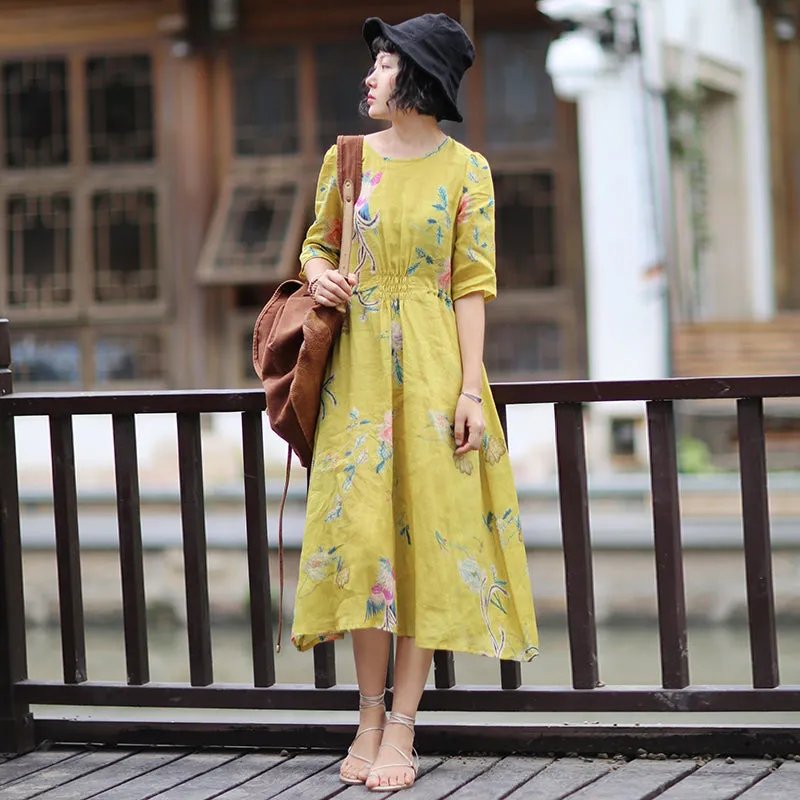 Floral Linen Women Dresses Spring Summer Women Dresses WaistBelt /61811