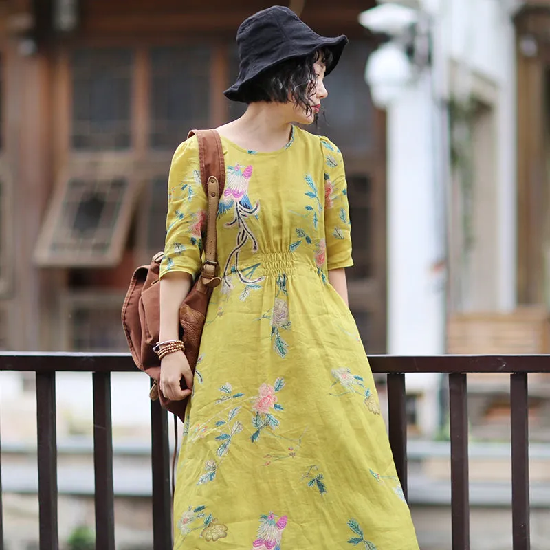 Floral Linen Women Dresses Spring Summer Women Dresses WaistBelt /61811
