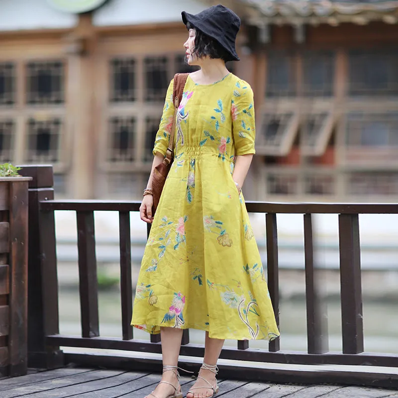 Floral Linen Women Dresses Spring Summer Women Dresses WaistBelt /61811