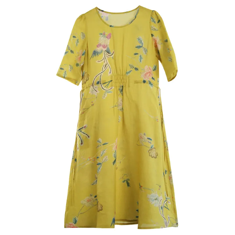 Floral Linen Women Dresses Spring Summer Women Dresses WaistBelt /61811